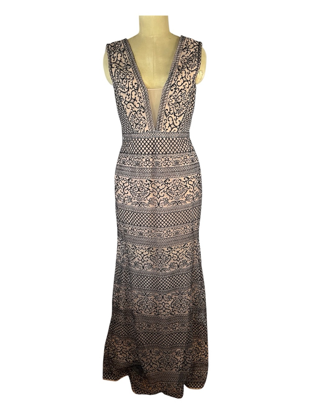 BCBGMaxAzria Blush and Black Lace-Overlay Deep V Maxi Dress